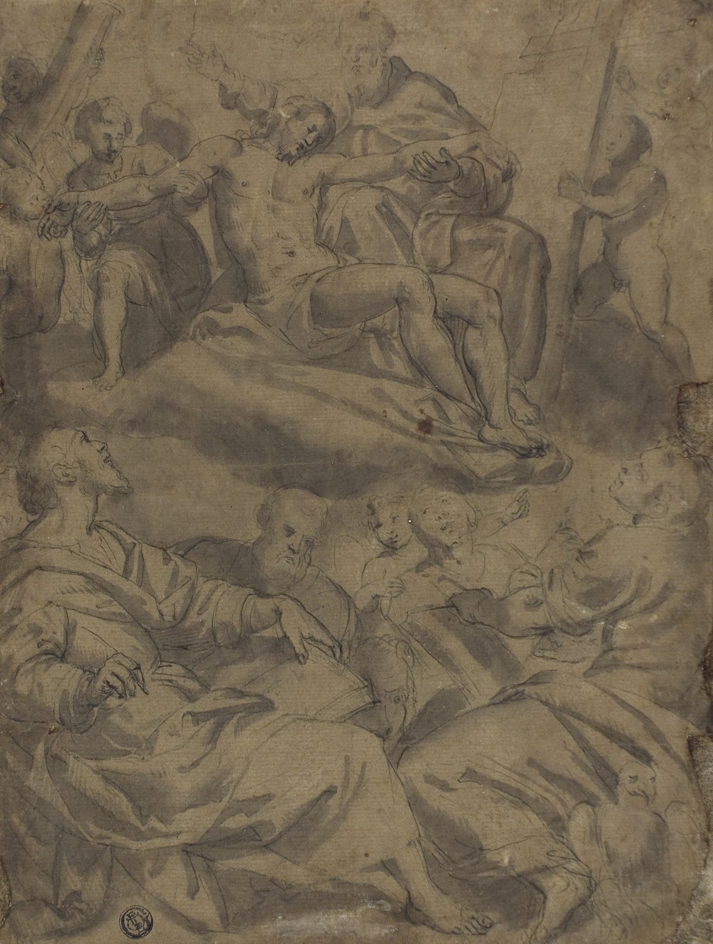 Four Evangelists and the Vision of God Holding the Dead Christ with the Instruments of the Passion -  Unknown Artist,  Poster Print Wall Art