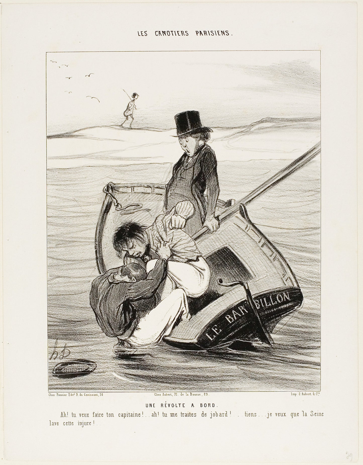 A Revolt On Board. “- Ah! you want to be your own captain!... - Ah! you are treating me like an idiot... hey... I hope the Seine washes away that insult!,” plate 13 from Les Canotiers Parisiens: Honoré Victorin Daumier,16x12"(A3) Poster