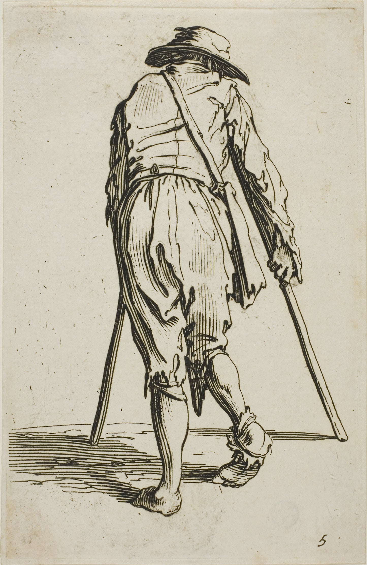 Beggar on Crutches and Wearing a Hat, seen from Back, plate five from The Beggars -  Jacques Callot,  Poster Print Wall Art