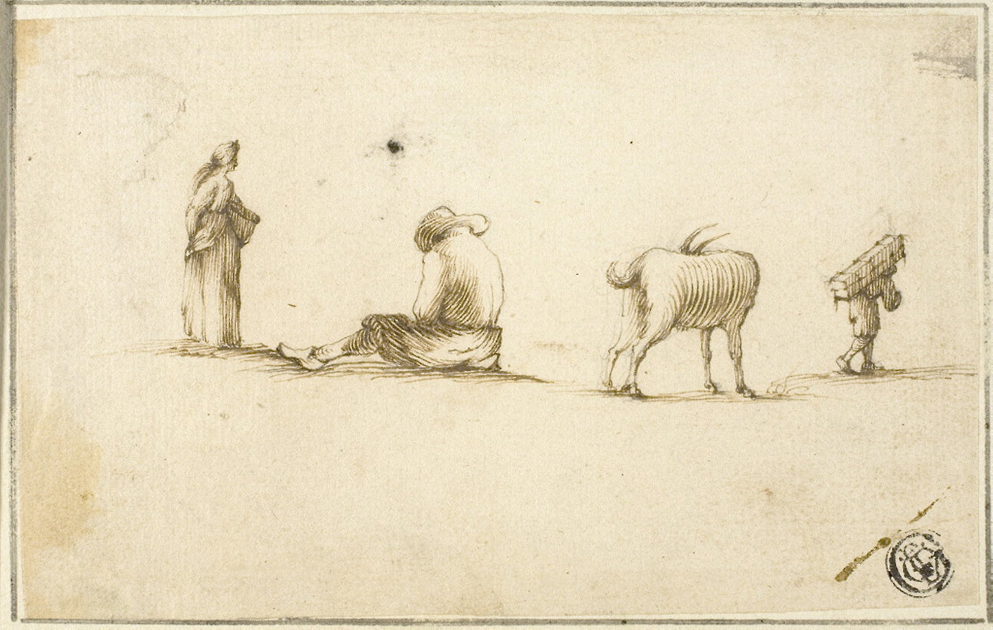 Sketches of Standing Woman, Seated Man, Goat, and Man Carrying Box on Back -  after Stefano della Bella,  Poster Print Wall Art