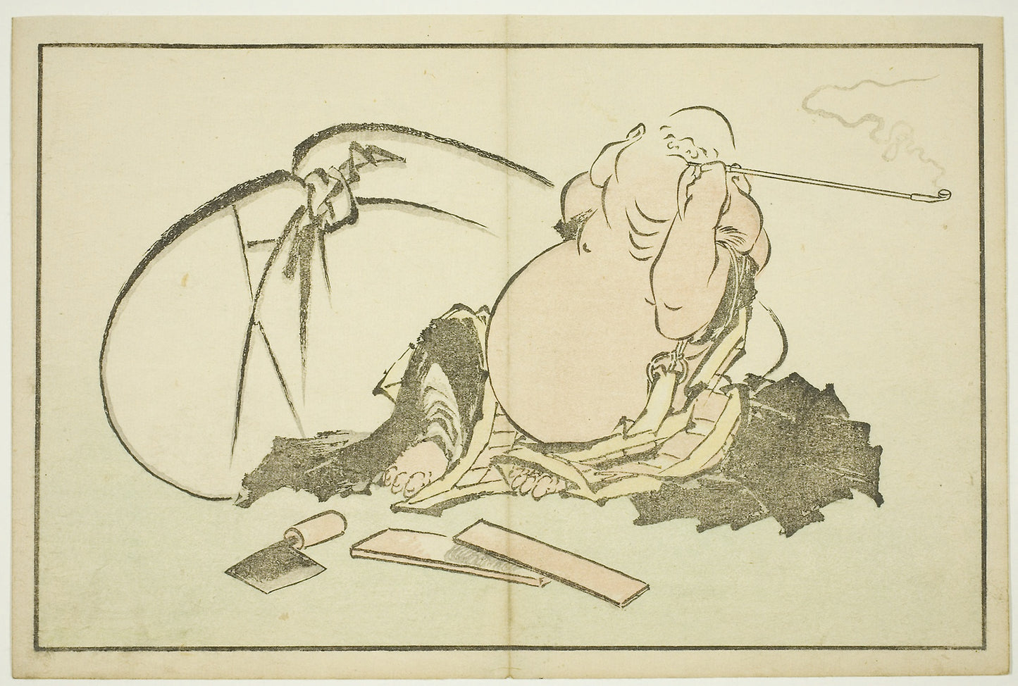 Hotei Smoking his Pipe, from The Picture Book of Realistic Paintings of Hokusai (Hokusai shashin gafu) -  Katsushika Hokusai ?? ??,  Poster Print Wall Art