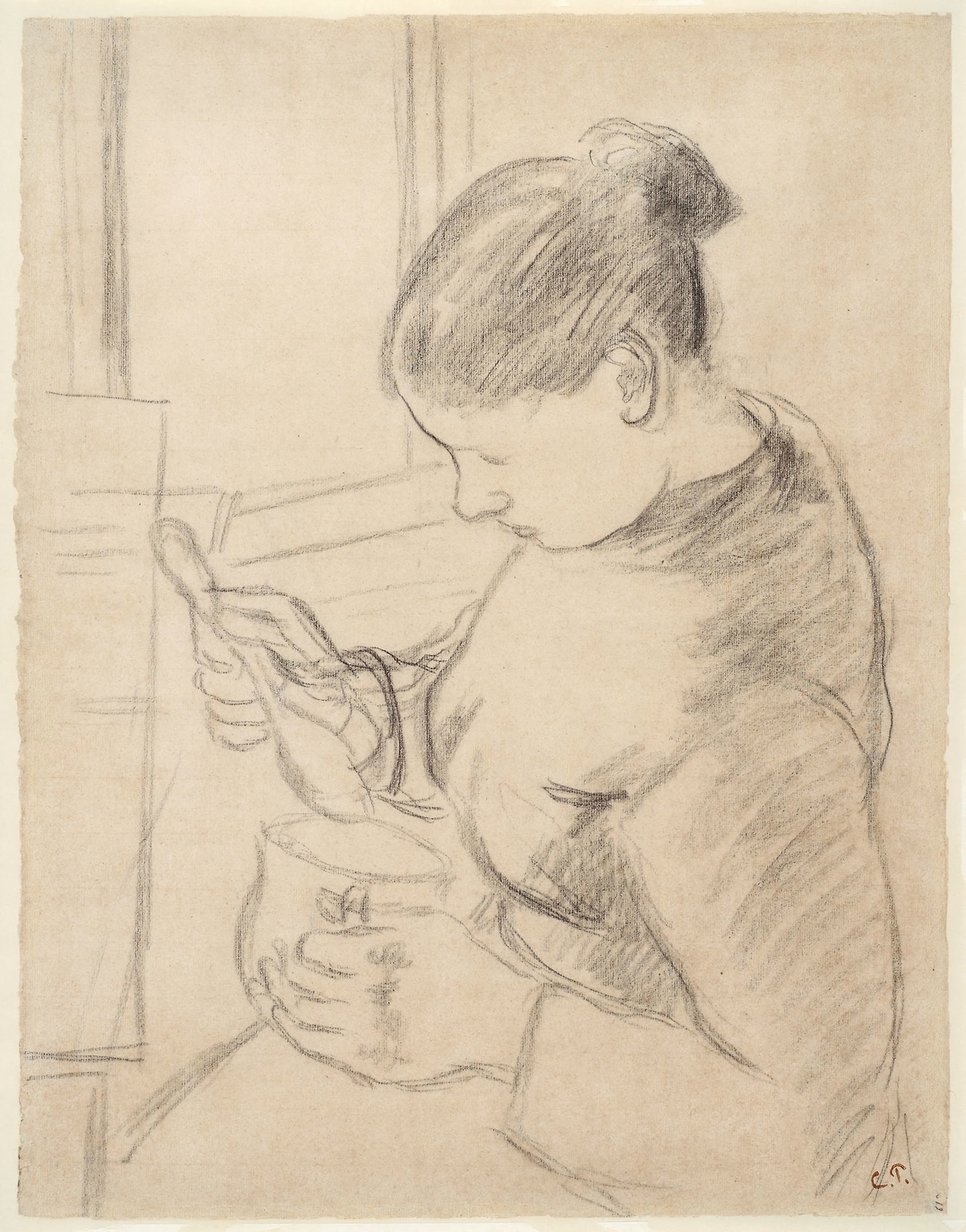 Young Peasant Having Her Coffee: Camille Pissarro,16x12"(A3) Poster