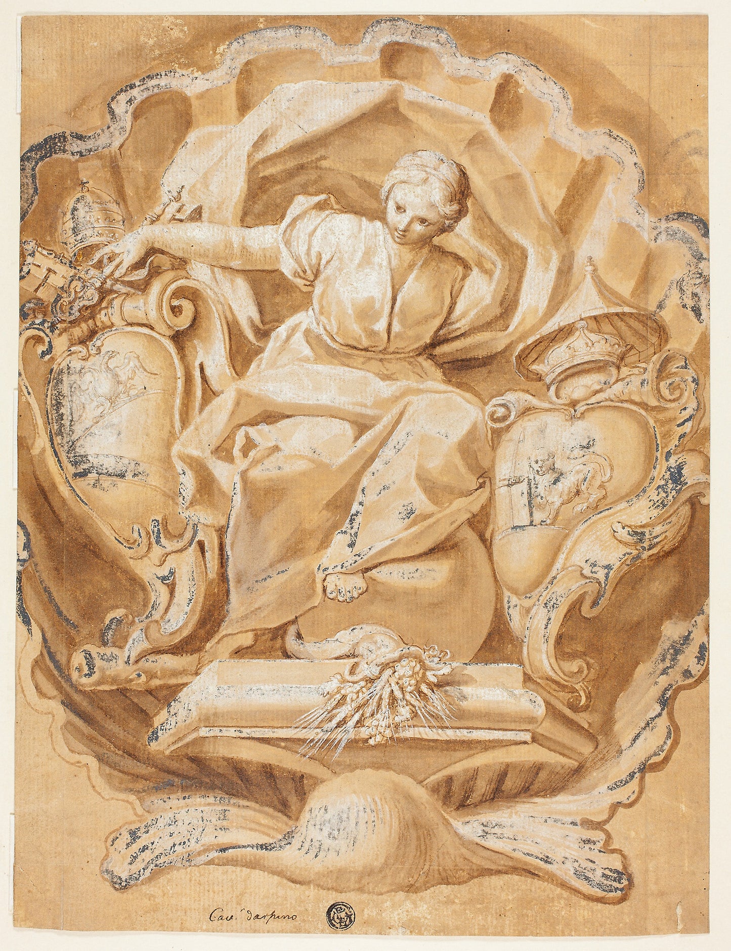 Allegorical Figure with Arms of Alexander VIII (Ottoboni) and Arms of Papacy -  Attributed to Francesco Mancini (Italian, 1679-1758),  Poster Print Wall Art