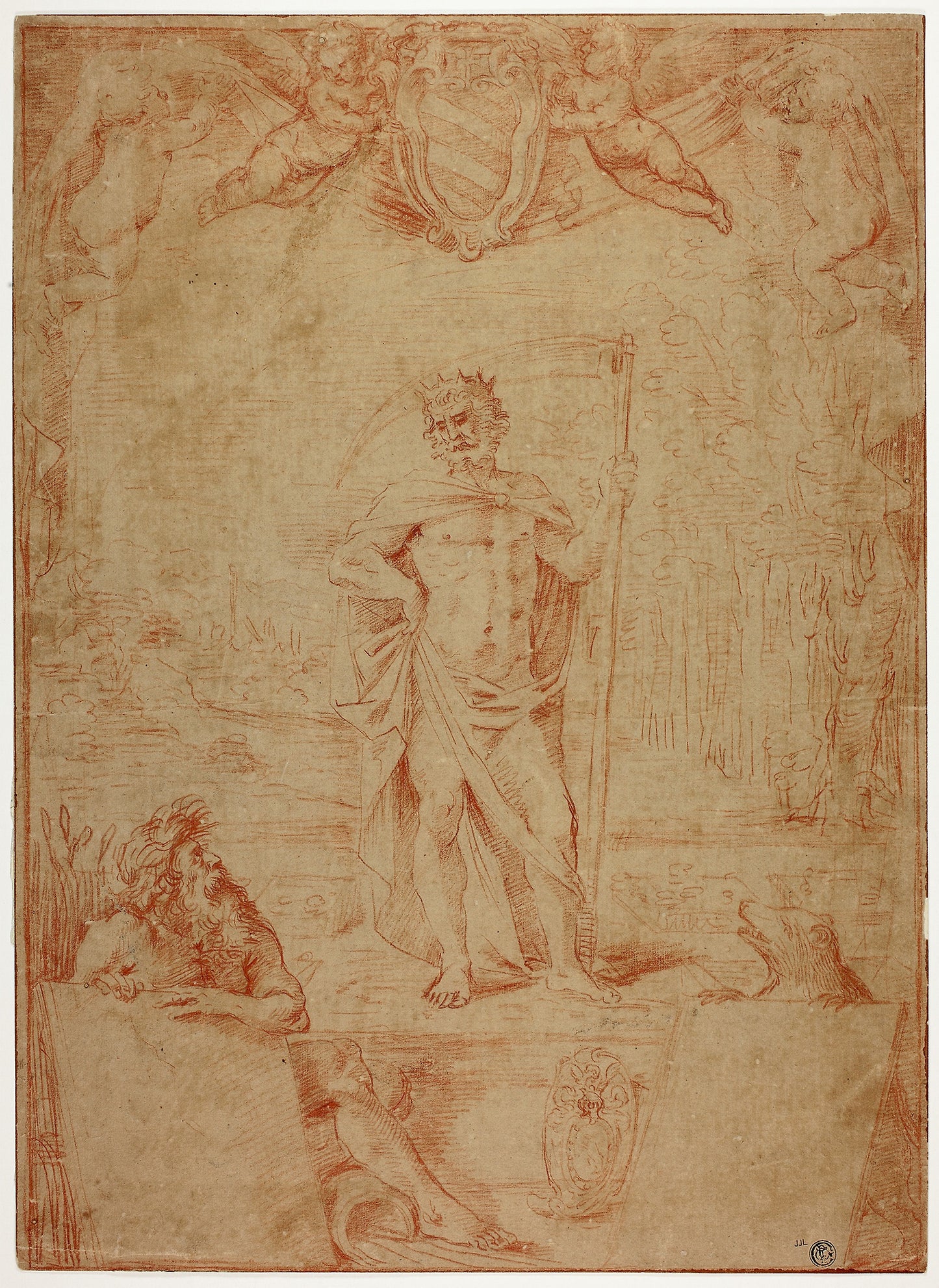 Study for Saturn Presiding over the City of Bologna, with the Arms of Cardinal Giulio Sacchetti -  Giovanni Battista Coriolano,  Poster Print Wall Art