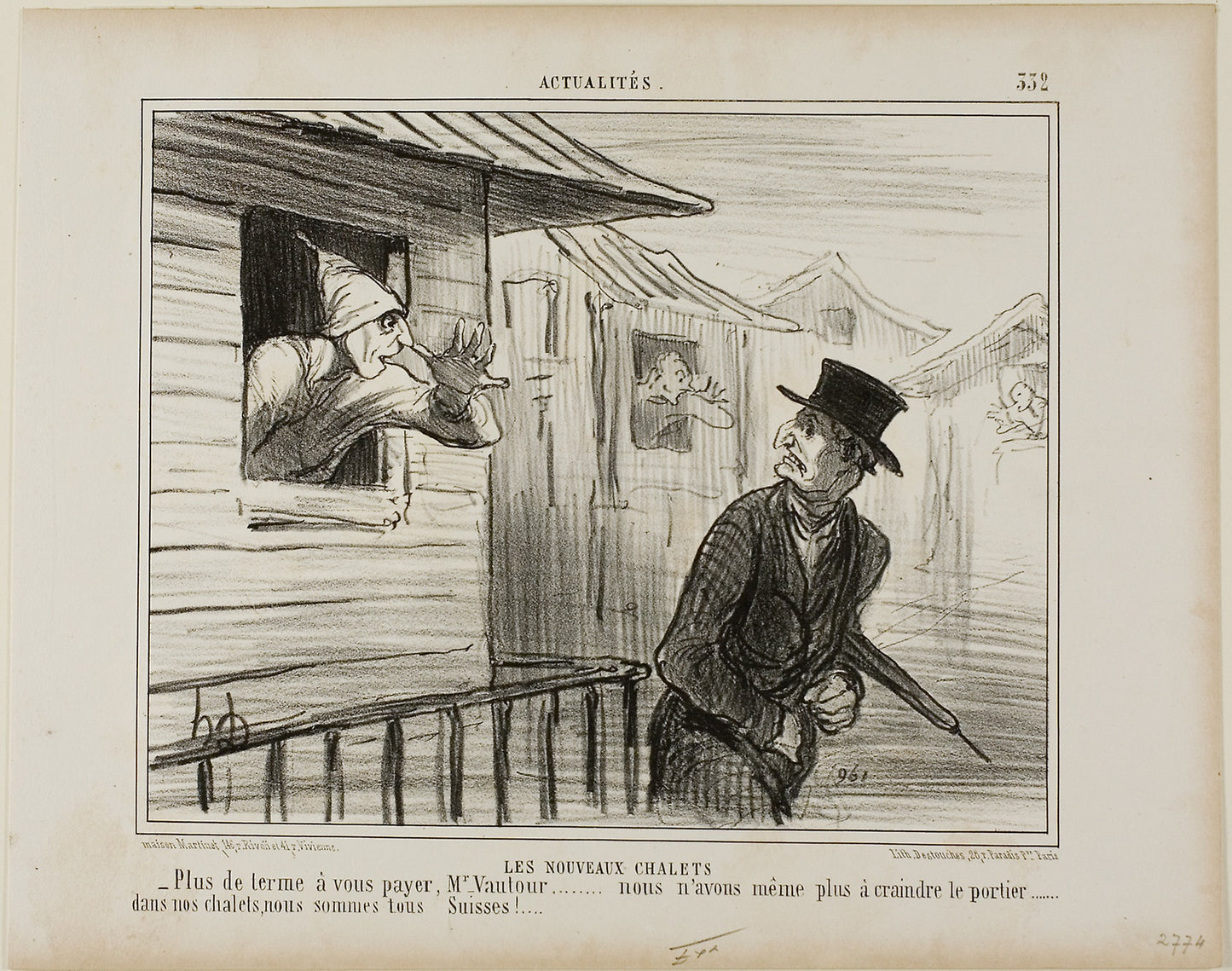 The New Blockhouses. “- No more rent to pay, Monsieur Vautour... and we are no longer afraid of the janitor..... in our chalets we are all Swiss,” plate 332 from Actualités -  Honoré Victorin Daumier,  Poster Print Wall Art