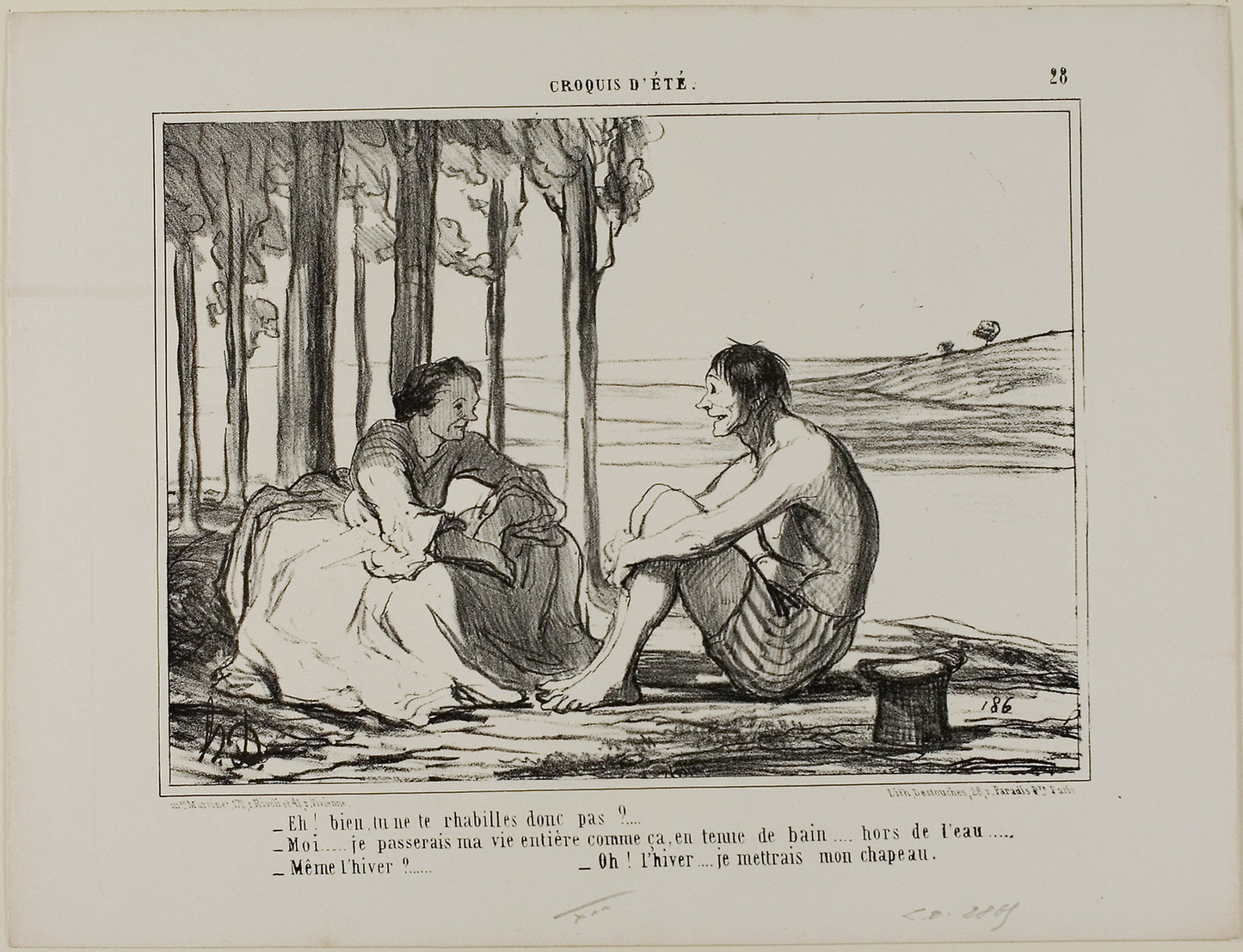“- Aren't you getting dressed? - No... I remain like this in my swimming gear all day long, outside the swimming pool. - Even in winter? - Then I put on my hat!,” plate 28 from Croquis D'été -  Honoré Victorin Daumier,  Poster Print Wall Art