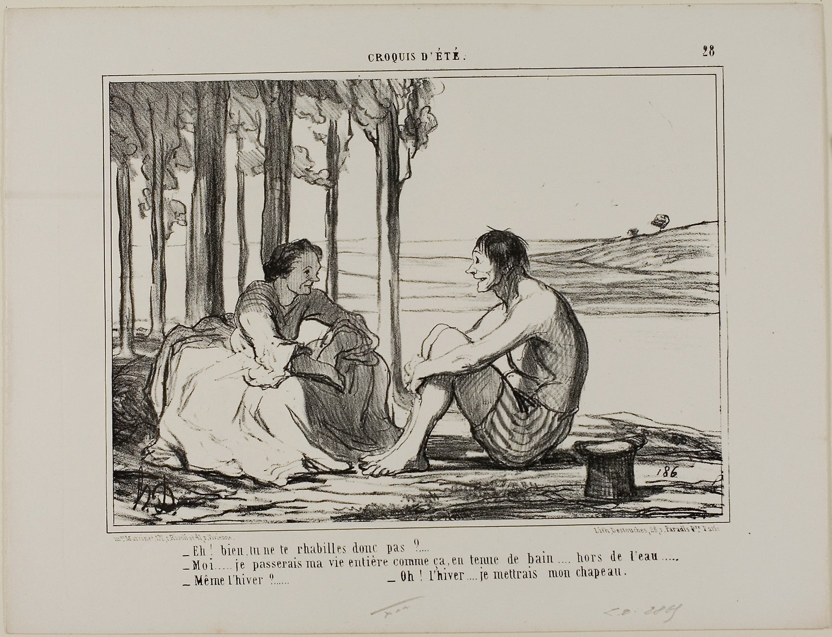 “- Aren't you getting dressed? - No... I remain like this in my swimming gear all day long, outside the swimming pool. - Even in winter? - Then I put on my hat!,” plate 28 from Croquis D'été: Honoré Victorin Daumier,16x12"(A3) Poster