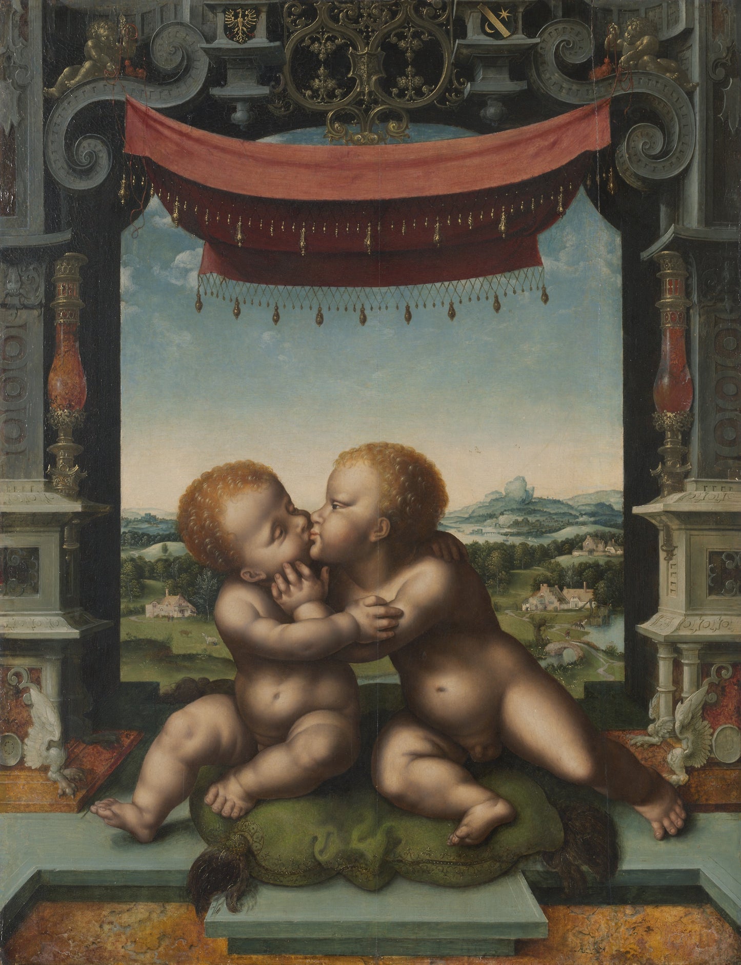 The Infants Christ and Saint John the Baptist Embracing -  Joos van Cleve and Workshop,  Poster Print Wall Art