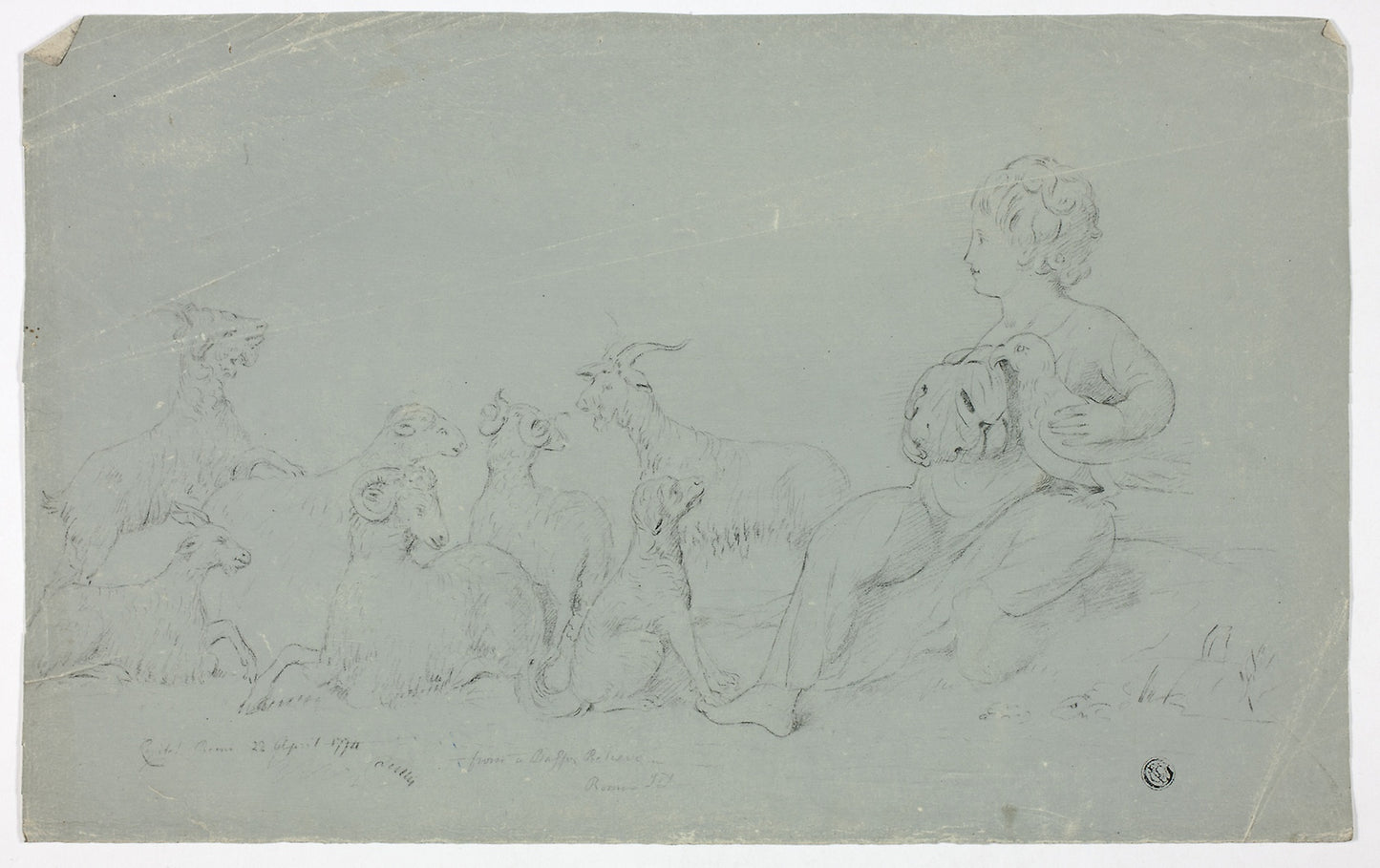 Antique Bas-Relief with Seated Boy Holding Falcon and Accompanied -  Dog, Sheep, and Goats -  John Downman,  Poster Print Wall Art
