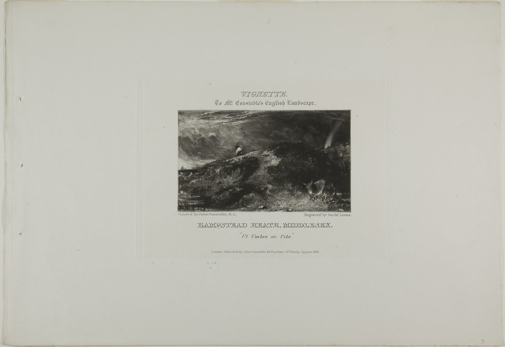 Vignette to Mr. Constable's English Landscape. Hampstead Heath Middlesex. Ut Umbra sic Vita: David Lucas (English, 1802-1881),16x12"(A3) Poster