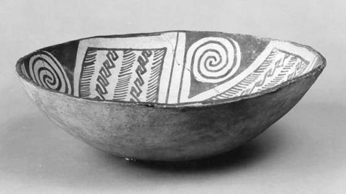 Bowl with Interior Four-Part Design with Hatching, Zigzag, and Spiral Motifs: Hohokam, Sacaton Red-on-buff,16x12
