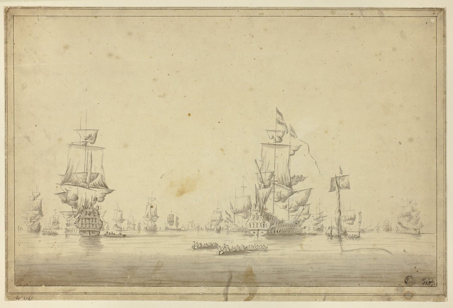 Fleet of Ships Anchored at Sea -  Imitator of Willem van de Velde, II,  Poster Print Wall Art