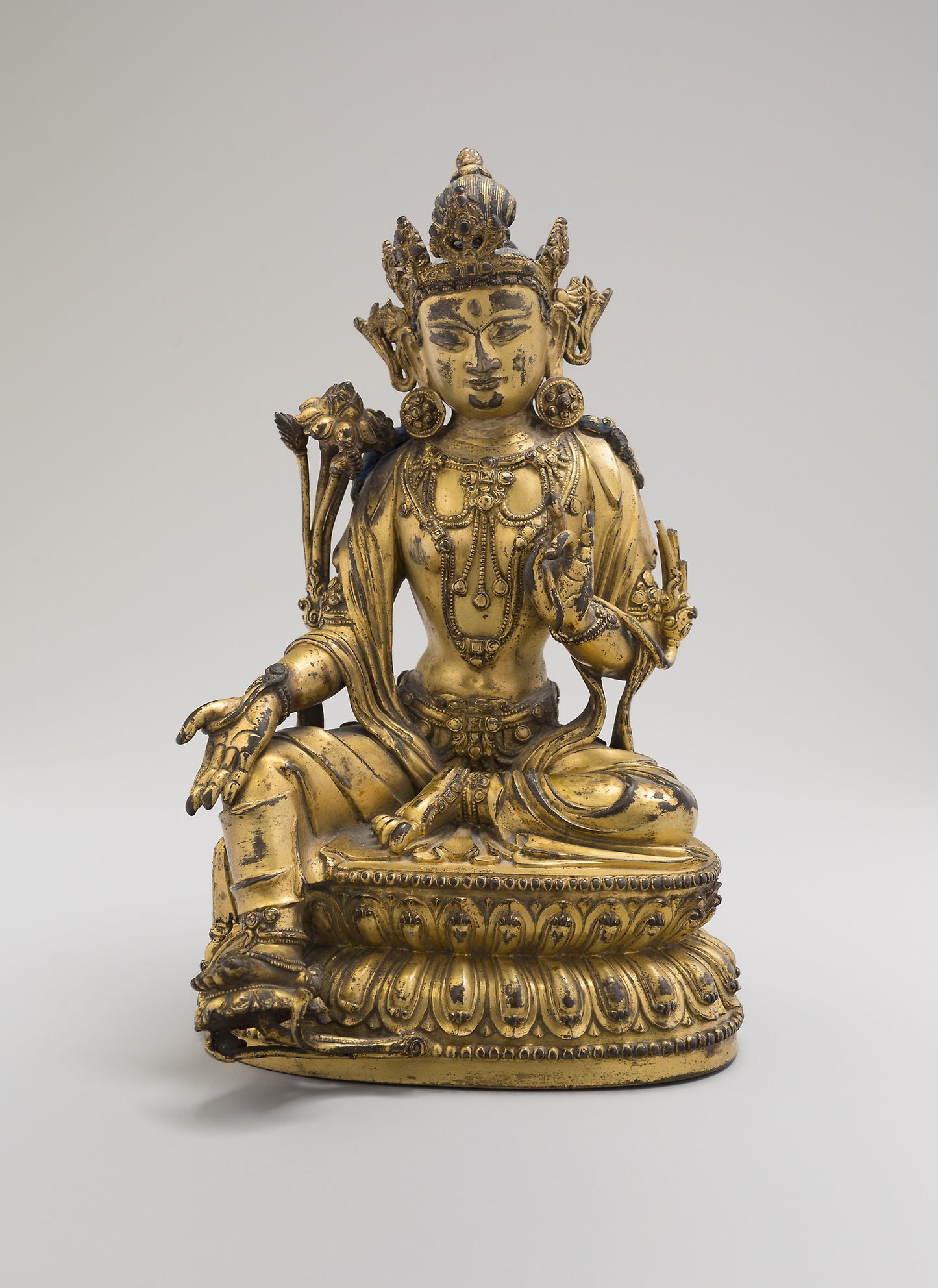 Green Tara, Seated in Pose of Royal Ease (Lalitasana), with Lotus Stalks on Right Shoulder and Hands in Gestures of Reasoning (Vitarkamudra) and Gift Conferring (Varadamudra) -  China,  Poster Print Wall Art