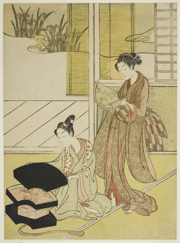 A Fan Peddler Showing his Wares to a Young Woman: Attributed to Suzuki Harunobu ?? ?? ,16x12