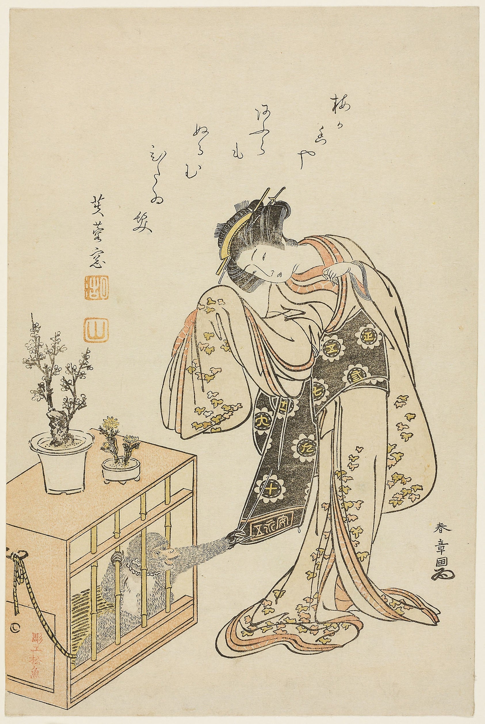 Young Woman with a Caged Monkey (Calendar Print for New Year 1776): Katsukawa Shunsho ?? ??,16x12"(A3) Poster