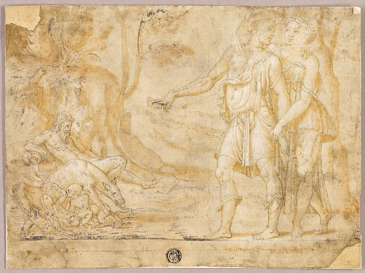 Faustulus and Merentia Discover Romulus and Remus -  Possibly school of Fontainebleau (French, 16th century),  Poster Print Wall Art