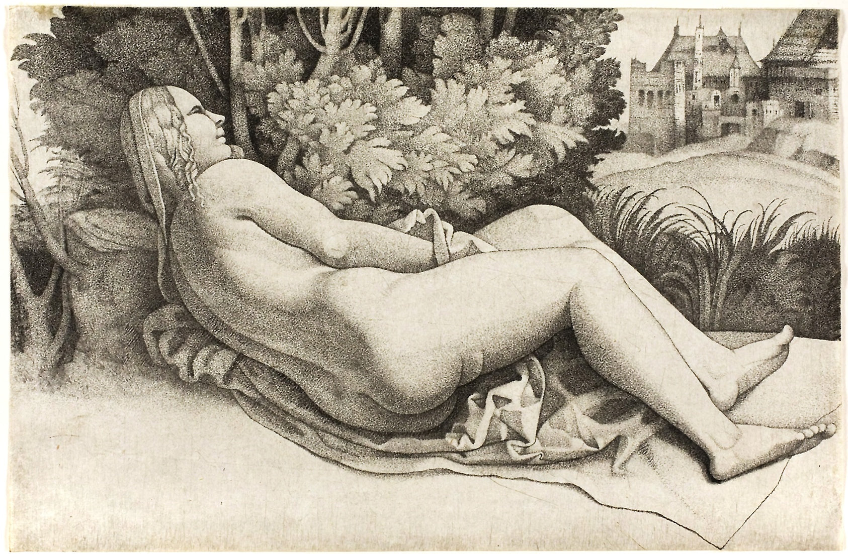 Woman Reclining in a Landscape: Giulio Campagnola,16x12"(A3) Poster