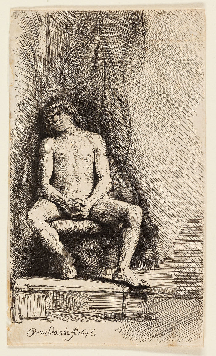 Nude Man Seated before a Curtain: Rembrandt van Rijn,16x12