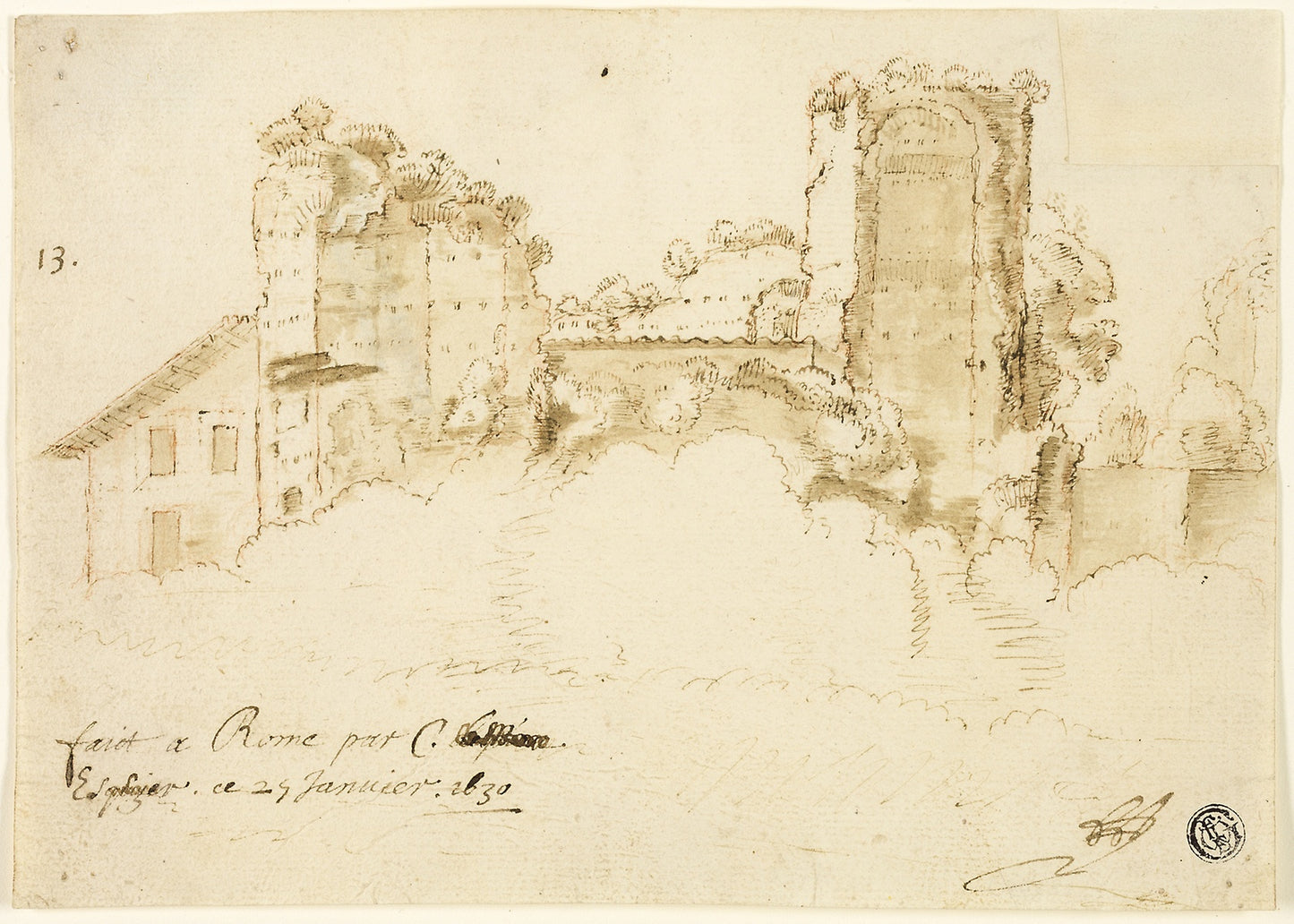 Roman Landscape -  possibly Bartholomeus Breenbergh (Dutch, 1598-1657),  Poster Print Wall Art