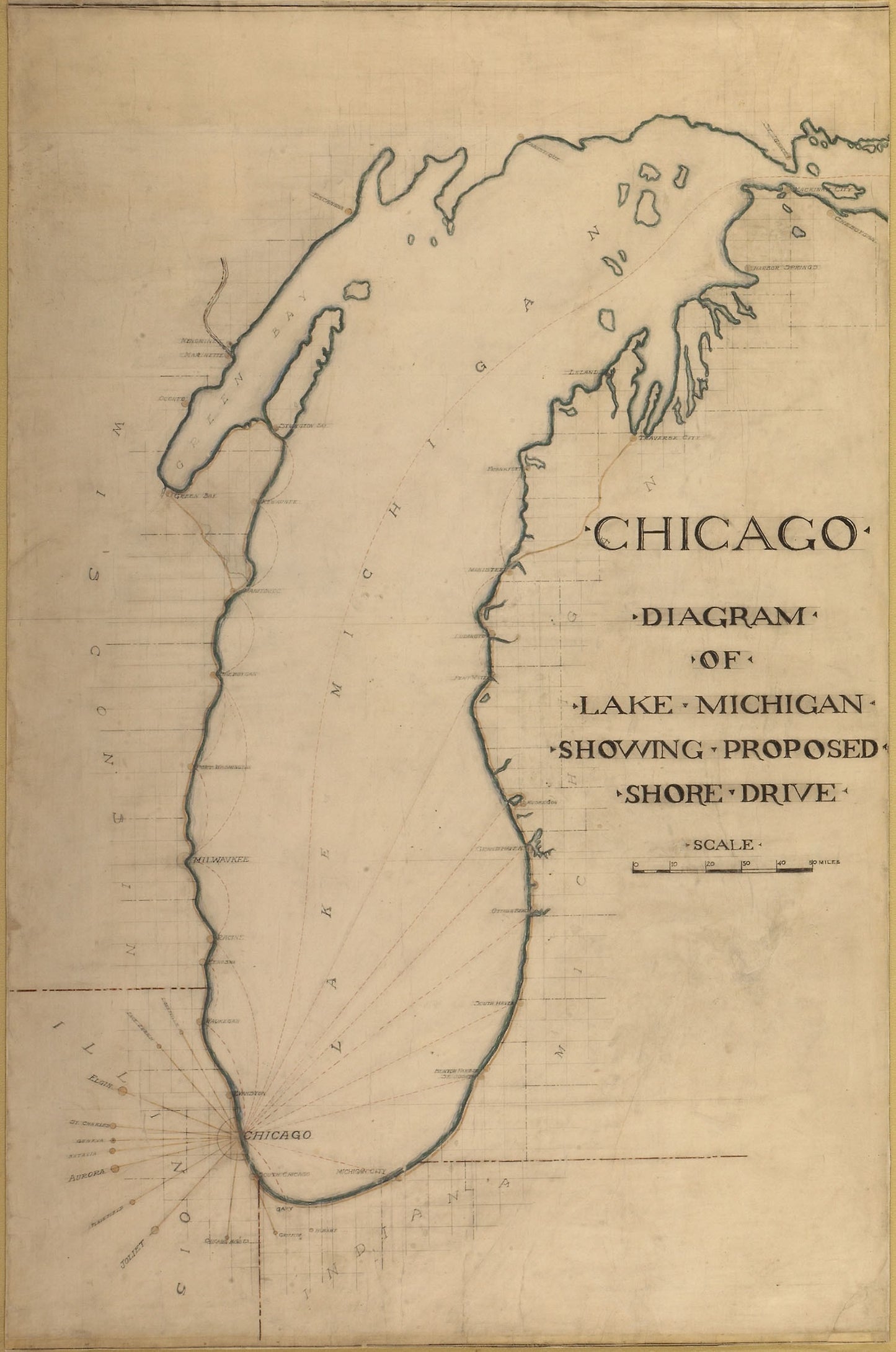Plate 35 from Plan of Chicago 1909 -  Chicago, and Diagram of Lake Michigan. Proposed Roadway to connect all the towns along the shores of the Lake. -  Daniel Hudson Burnham, American, 1846-1912,  Poster Print Wall Art