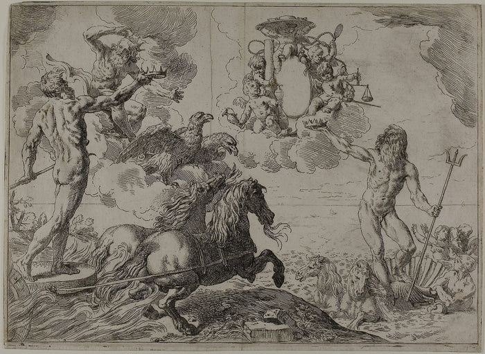 Jupiter, Neptune and Pluto Offering their Crowns to the Arms of Cardinal Borghese: Simone Cantarini,16x12