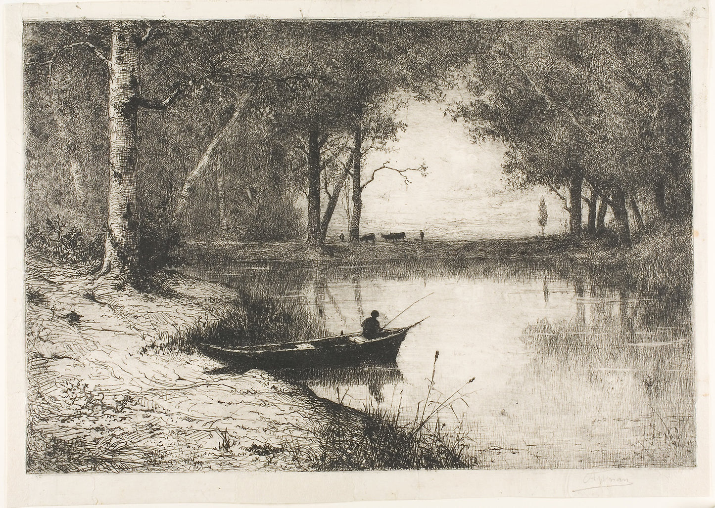 Fisherman in a Boat at the Riverside: Adolphe Appian, Poster Print Wall Art