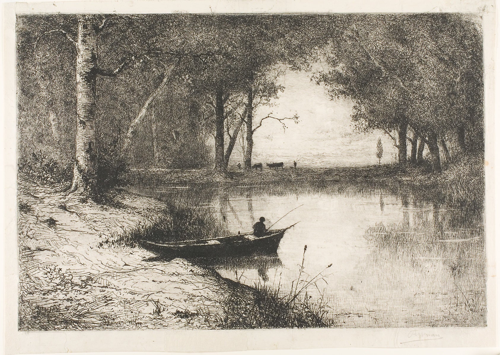 Fisherman in a Boat at the Riverside: Adolphe Appian,16x12"(A3) Poster