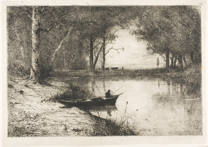Fisherman in a Boat at the Riverside: Adolphe Appian,16x12