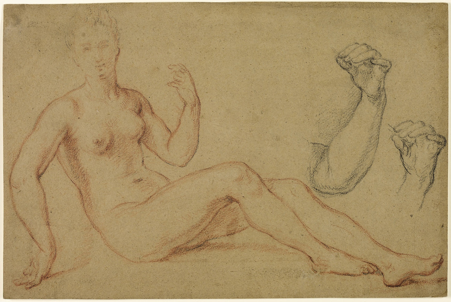 Seated Female Nude with Sketch of Hand and Sketch of Forearm -  Louis de Boullogne, the elder,  Poster Print Wall Art
