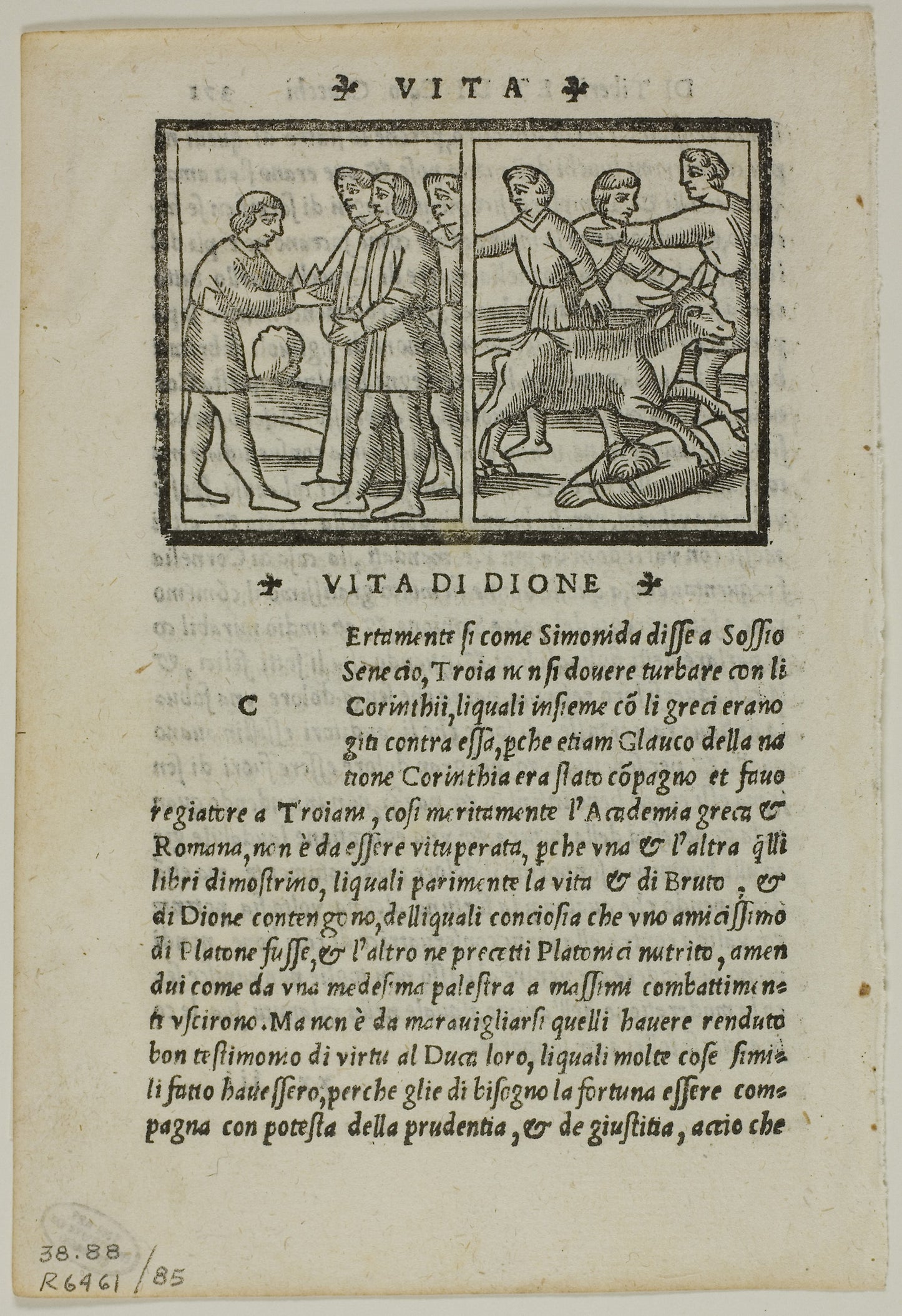 Illustration to Life of Dion from La Seconda Parte delle Vite di Plutarcho di greco in latino & di latino in volgare tradotte, plate 85 from Woodcuts from Books of the XVI Century -  Unknown Artist (Italian, 16th century),  Poster Print Wall Art