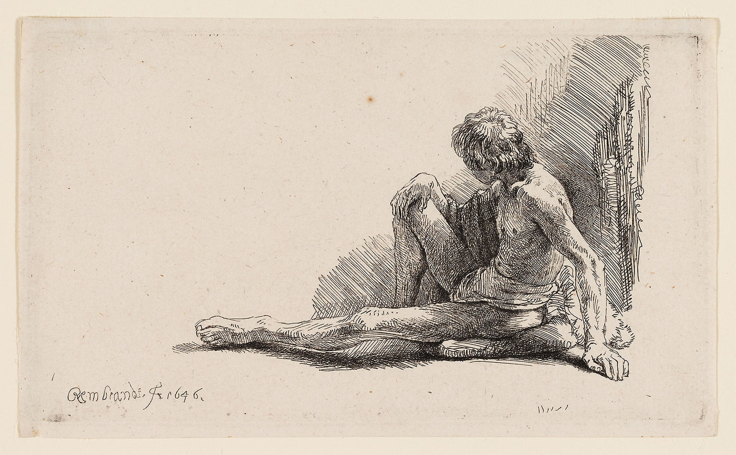 Nude Man Seated on the Ground with One Leg Extended -  Rembrandt van Rijn,  Poster Print Wall Art