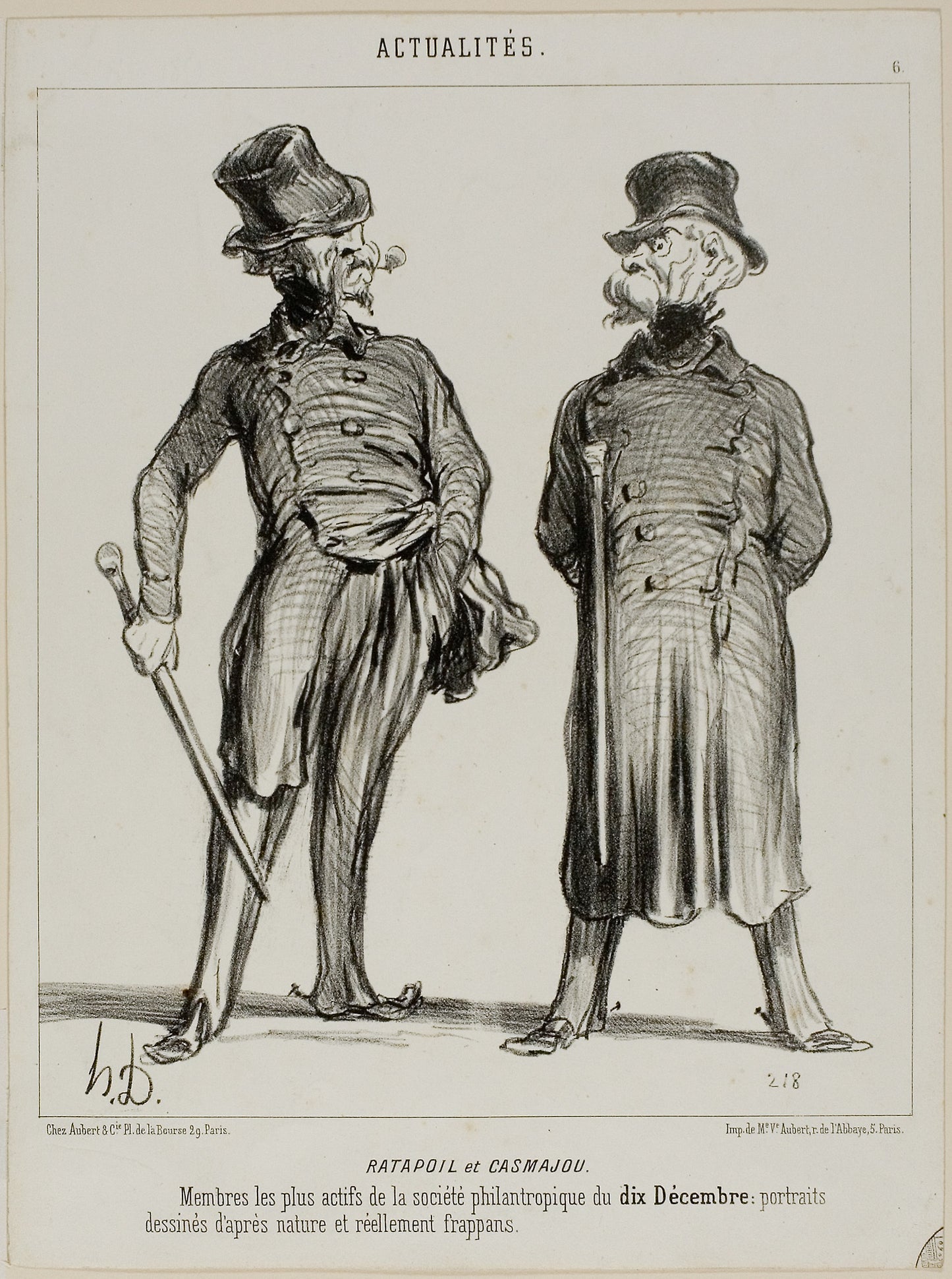 Ratapoil and Casmajou. The most active members of the philanthropic society of December 10 -  the portraits are drawn from nature and are of striking similarity, plate six from Actualités -  Honoré Victorin Daumier,  Poster Print Wall Art