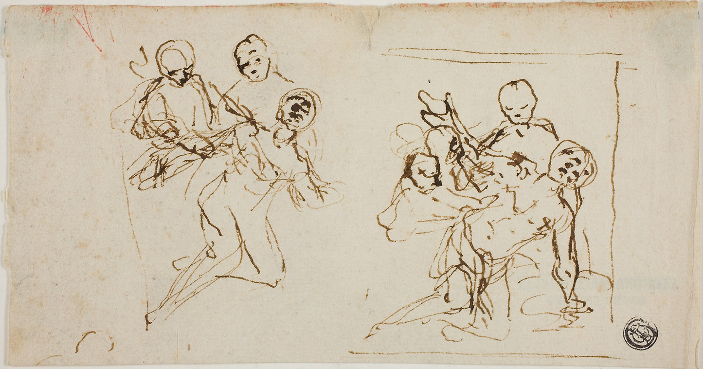 Two Composition Sketches of Collapsing Figure Supported -  Two Other Figures (recto); Compositional Sketch of Kneeling Figure Accompanied -  Two Other Figures -  Attributed to Baldassare Franceschini, called Il Volterrano,  Poster Print Wall Art