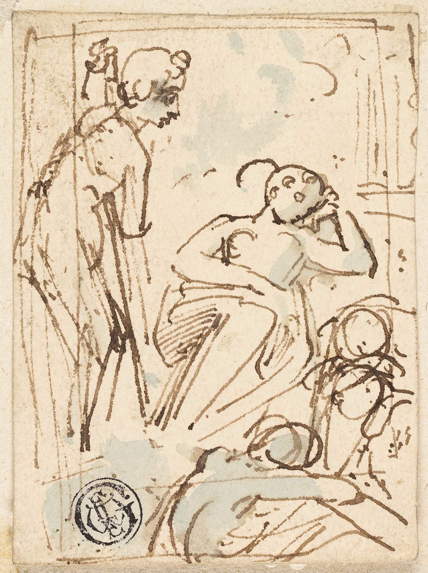 Sketch of Man Leaning on Staff, Looking at Sleeping Woman -  Attributed to Thomas Stothard,  Poster Print Wall Art