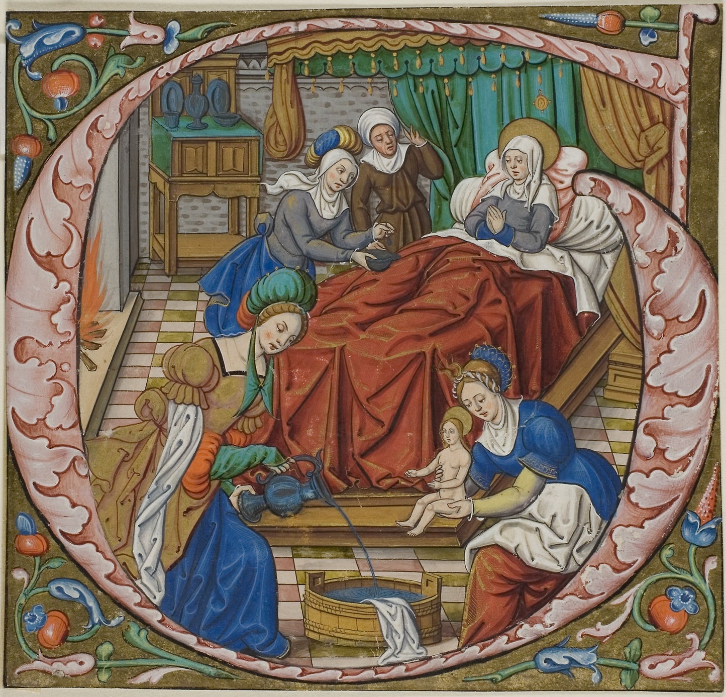 The Birth of the Virgin in a Historiated Initial "G" from an Antiphonal -  French (Paris),  Poster Print Wall Art
