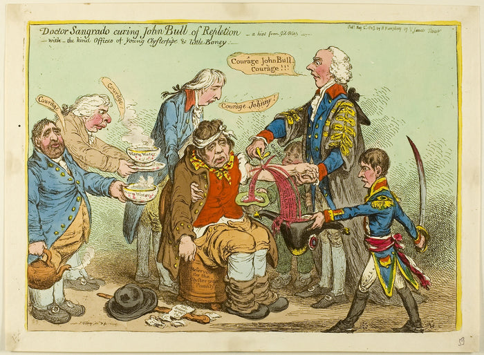 Doctor Sangrado Curing John Bull of Repletion-With the Kind of Offices of Young Clysterpipe & Little Boney: James Gillray (English, 1756-1815),16x12