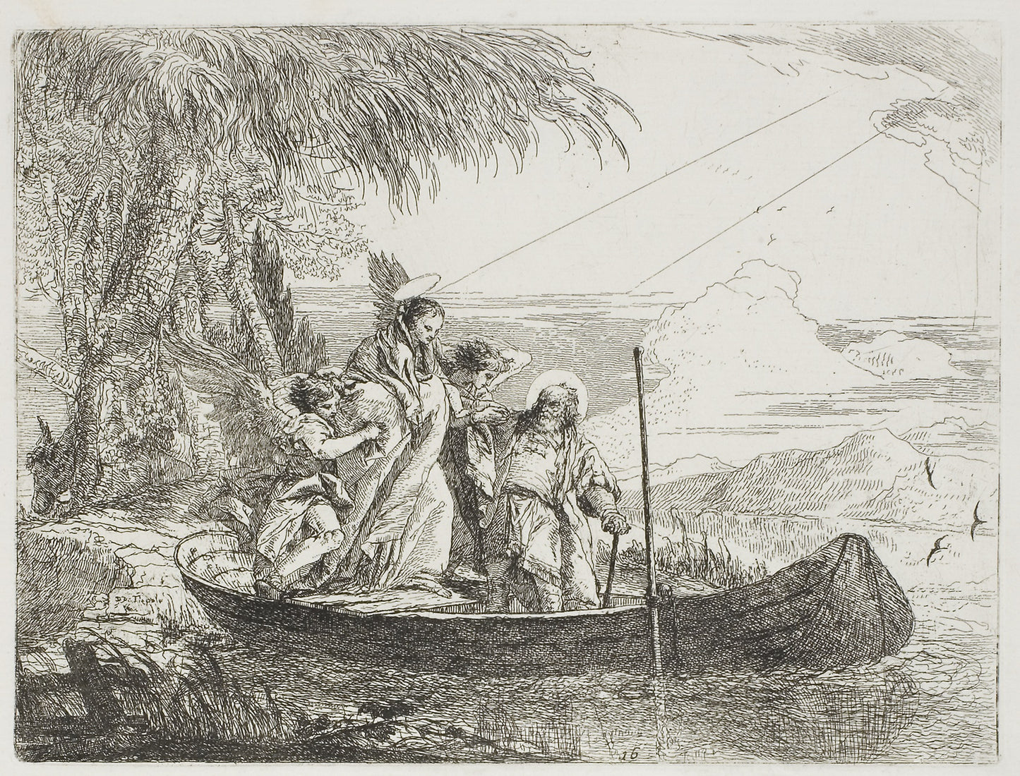 The Holy Family Entering the Boat with the Help of the Angels, plate sixteen from The Flight into Egypt -  Giovanni Domenico Tiepolo,  Poster Print Wall Art