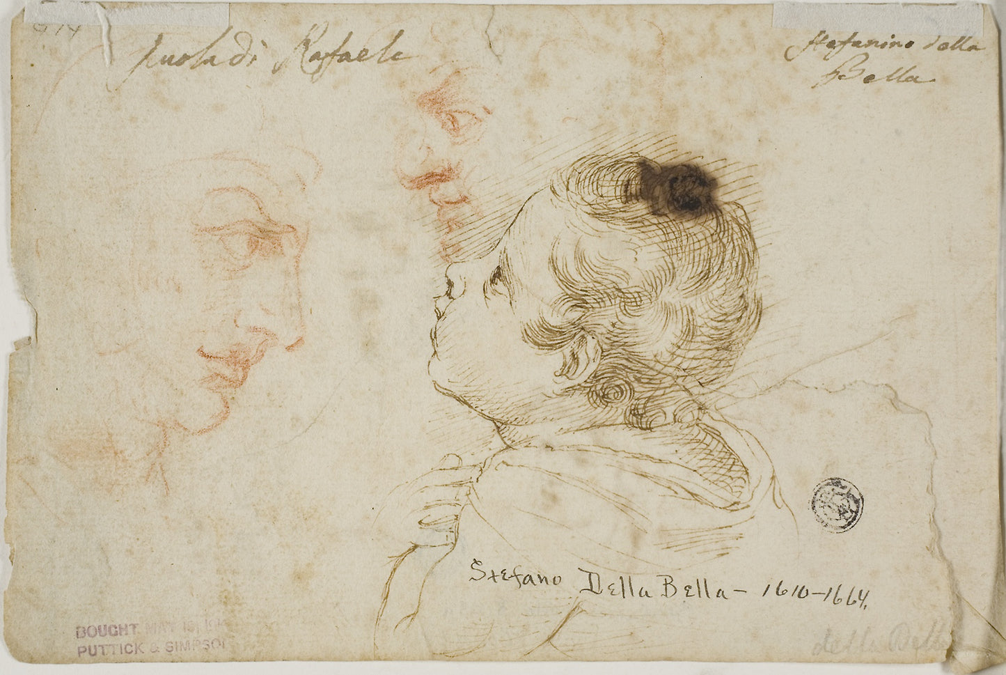 Sketches of Child Praying, Two Male Profiles (recto); Sketches of Male Heads (verso) -  Attributed to Stefano della Bella,  Poster Print Wall Art