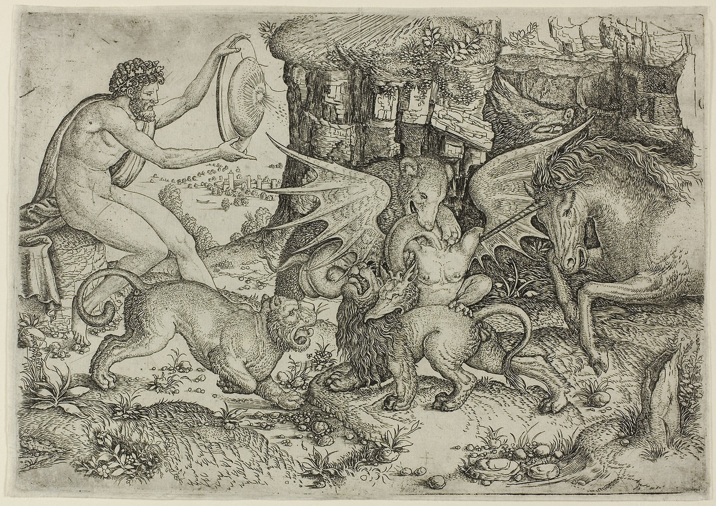 Allegory -  Combat of Animals in the Presence of Man with Shield -  Master of the Beheading of St. John the Baptist (Italian, active c. 1500-1525),  Poster Print Wall Art