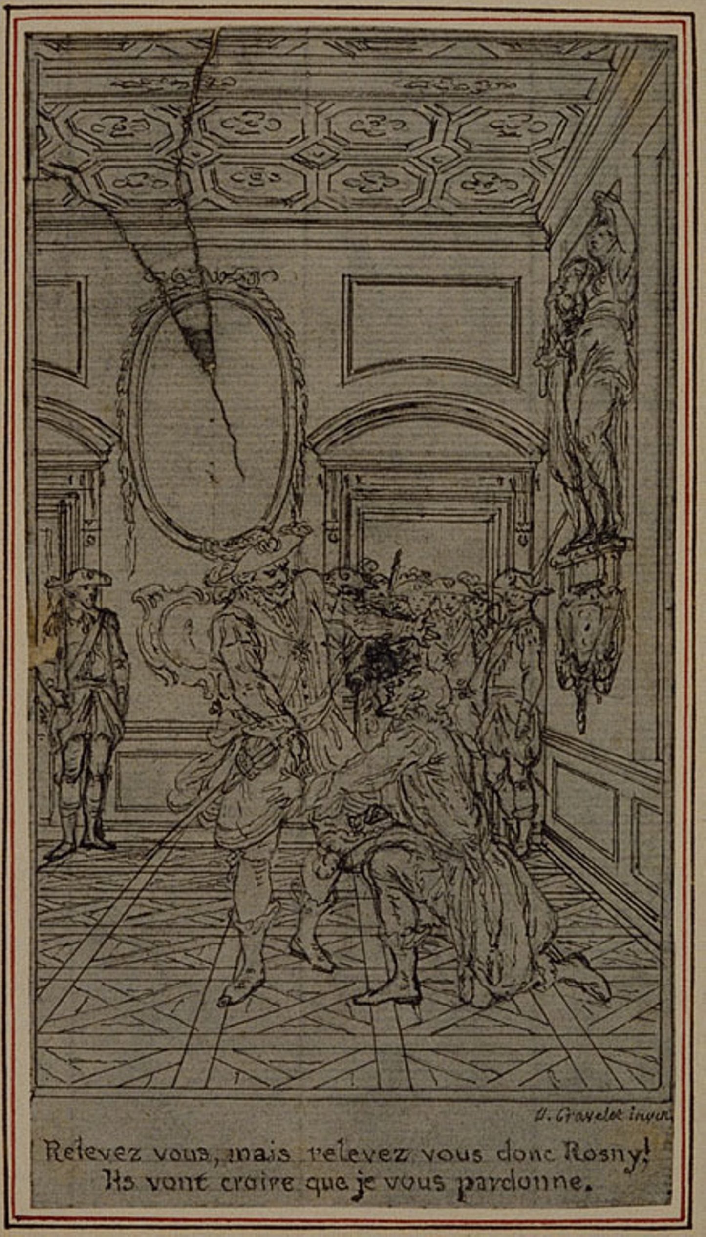 Study for Vignette-Frontispiece of Colle's "La Partie de Chasse de Henri IV", Act I -  Hubert François Gravelot,  Poster Print Wall Art
