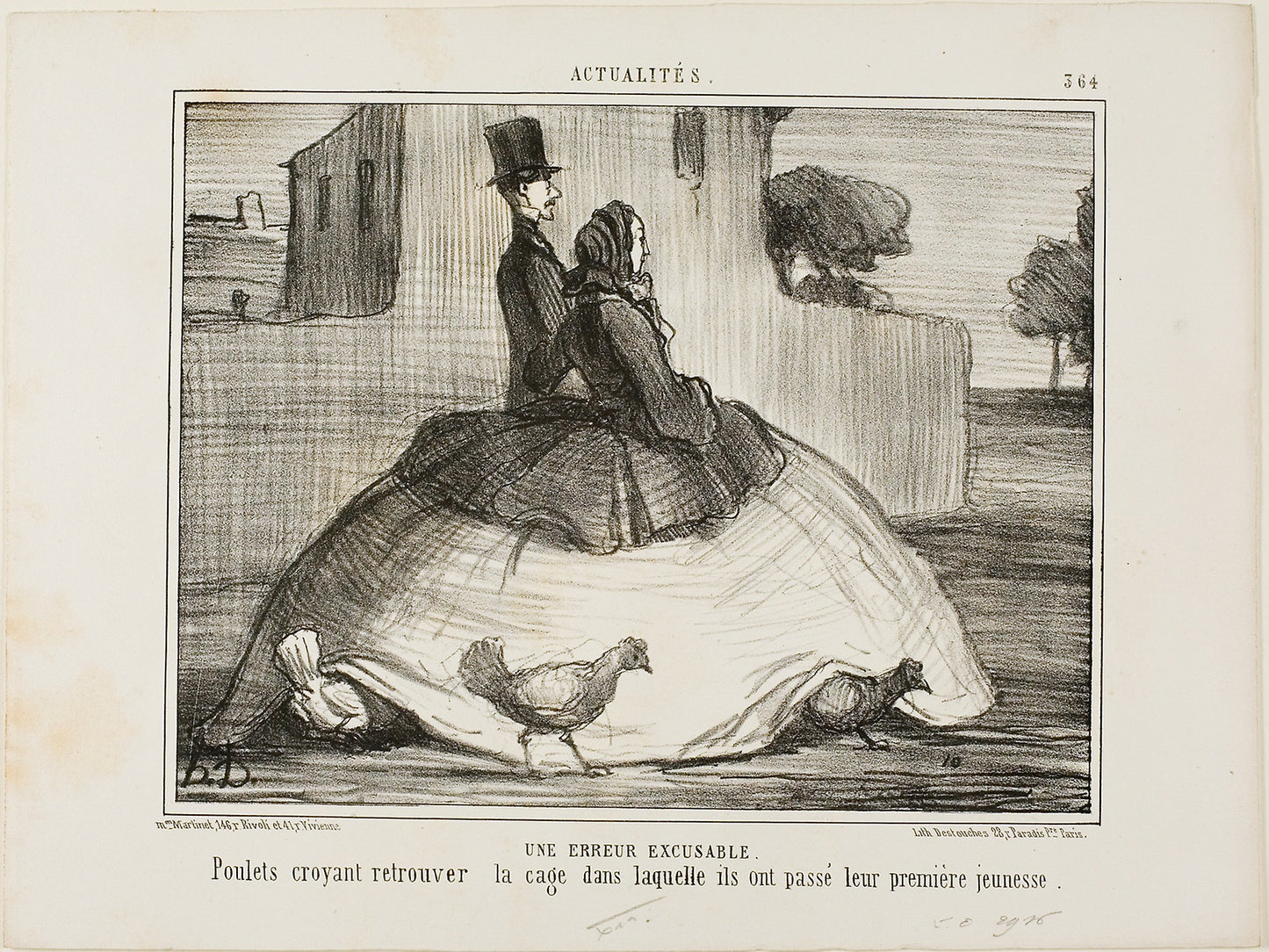 An Excusable Error. Chickens thinking they have found the cage where they spent their early childhood, plate 21 from La Crinolomanie -  Honoré Victorin Daumier,  Poster Print Wall Art