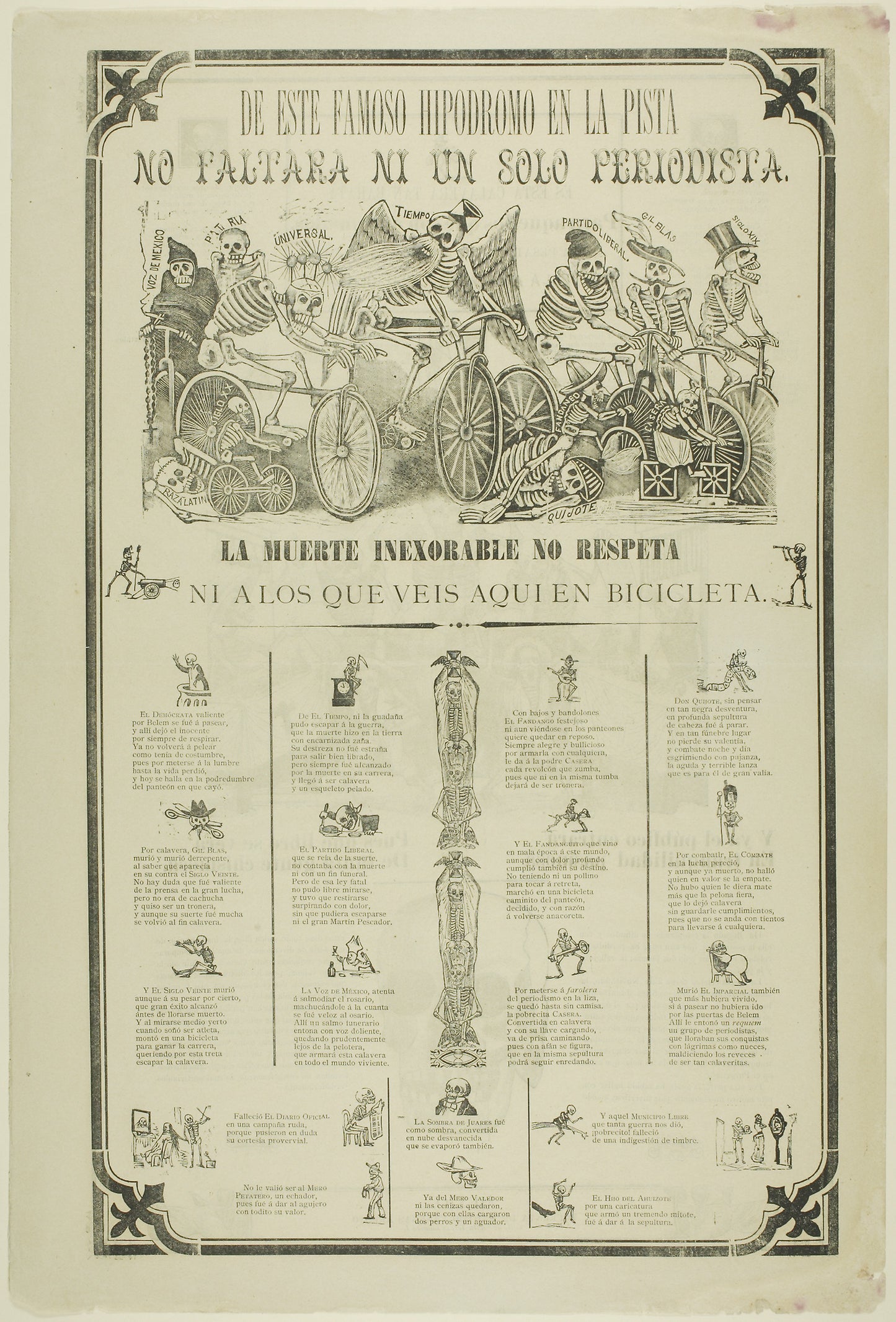 From the Track of This Famous Hippodrome, Not a Single Journalist Will Be Missing. Inexorable Death Has No Respect, Not Even for Those You See Here Riding Bicycles. -  José Guadalupe Posada,  Poster Print Wall Art