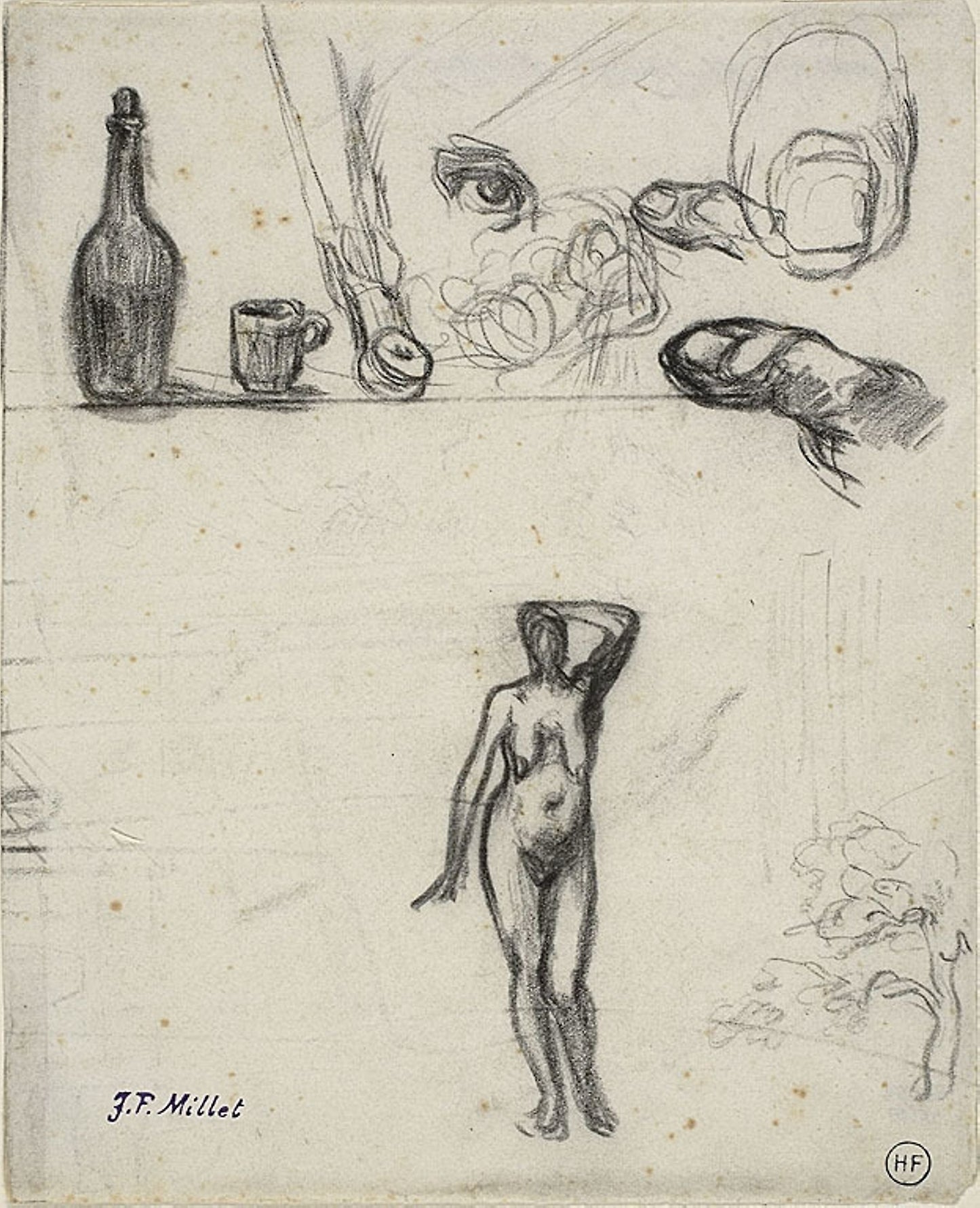 Sheet of Sketches -  Standing Female Nude, Tree, Still Life, Fingers and Eye -  Jean François Millet,  Poster Print Wall Art