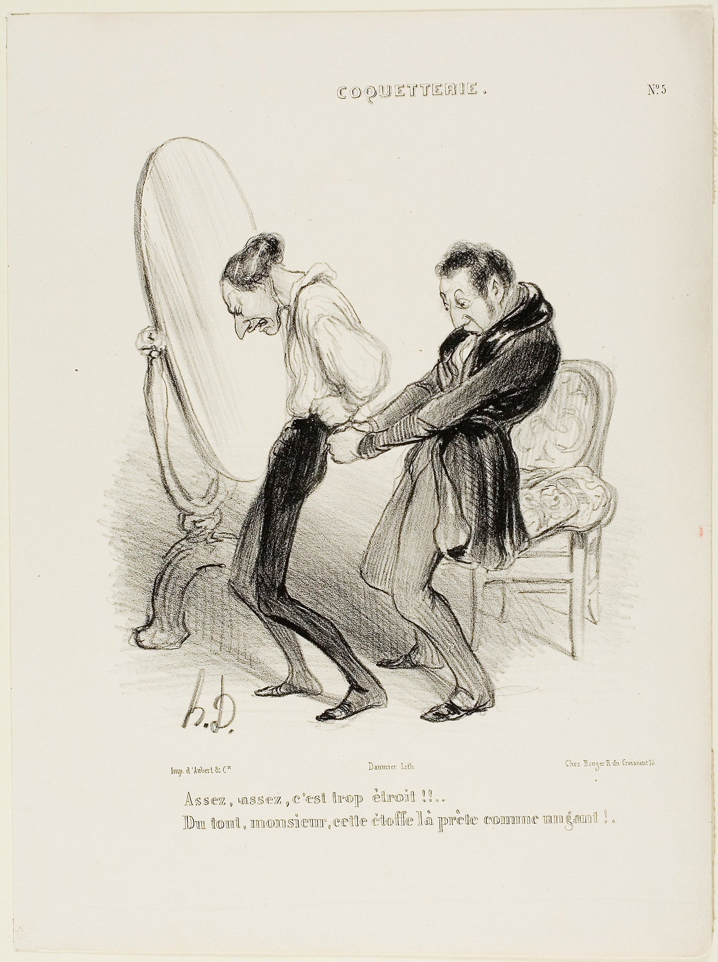 “- Enough, enough, it's much too tight!! - But not at all, Monsieur, this fabric suits you like a glove!”, plate 5 from Coquetterie -  Honoré Victorin Daumier,  Poster Print Wall Art