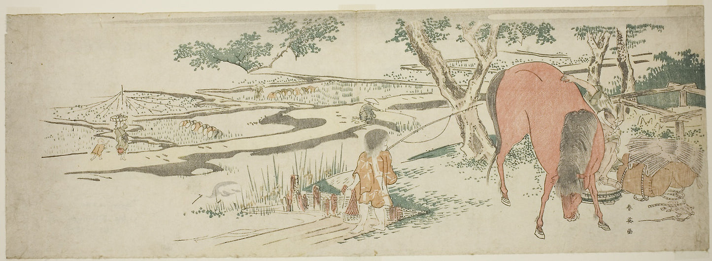 Rural Scene in Early Summer -  Peasants Transplanting Rice and a Man Washing a Horse -  Katsukawa Shun'ei,  Poster Print Wall Art