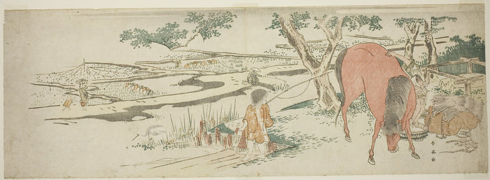 Rural Scene in Early Summer: Peasants Transplanting Rice and a Man Washing a Horse: Katsukawa Shun'ei,16x12