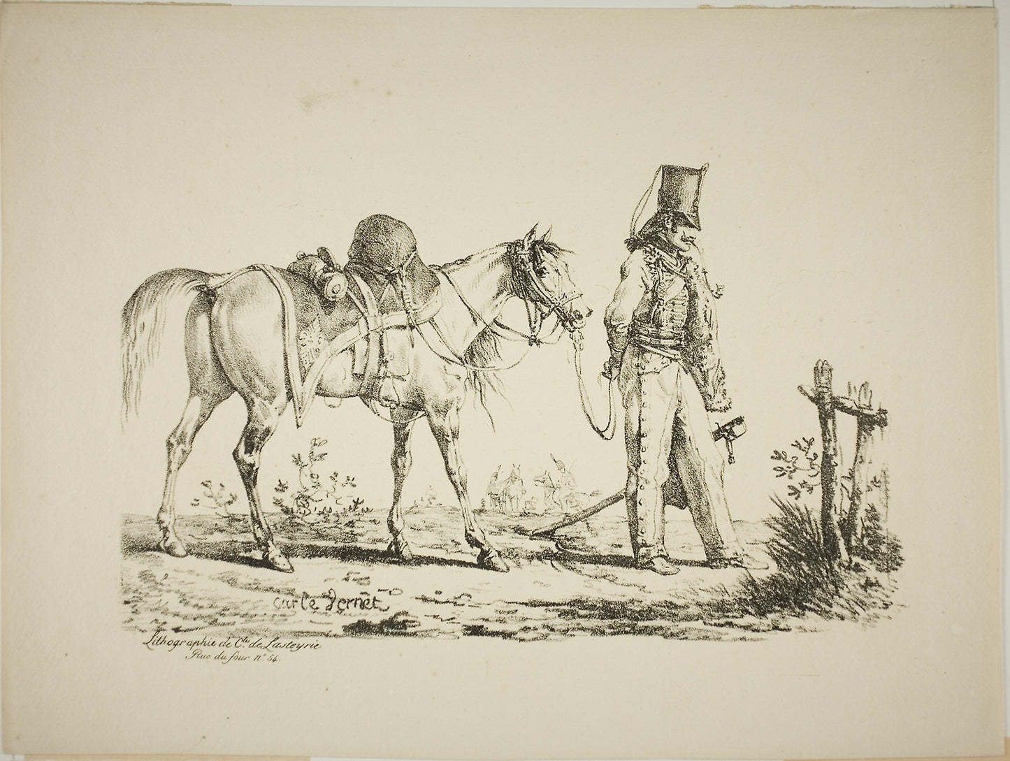 Hussard Walking in Front of his Horse, Smoking a Pipe -  Carle Vernet (French, 1758-1836),  Poster Print Wall Art