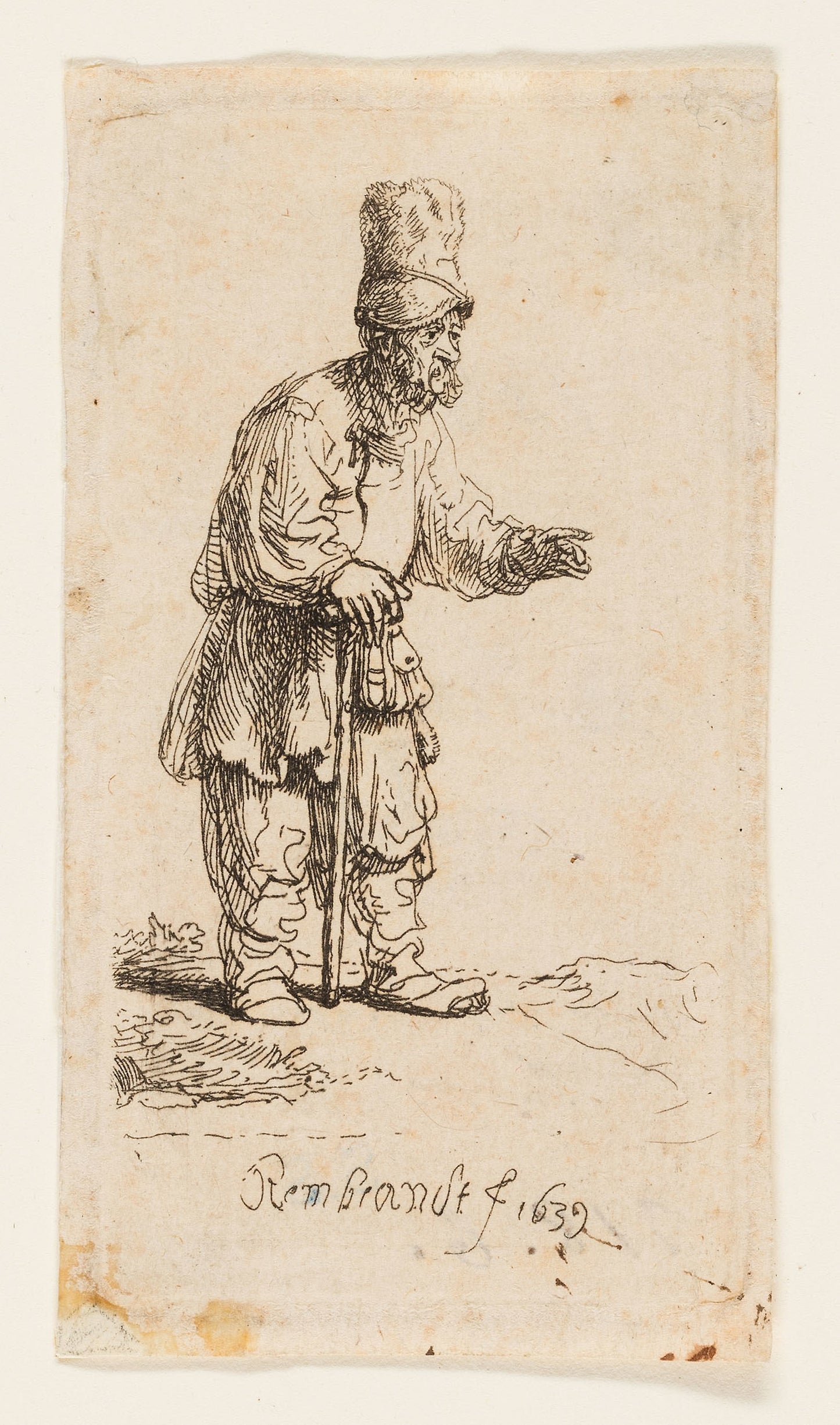 Peasant in a High Cap, Standing Leaning on a Stick -  Rembrandt van Rijn,  Poster Print Wall Art