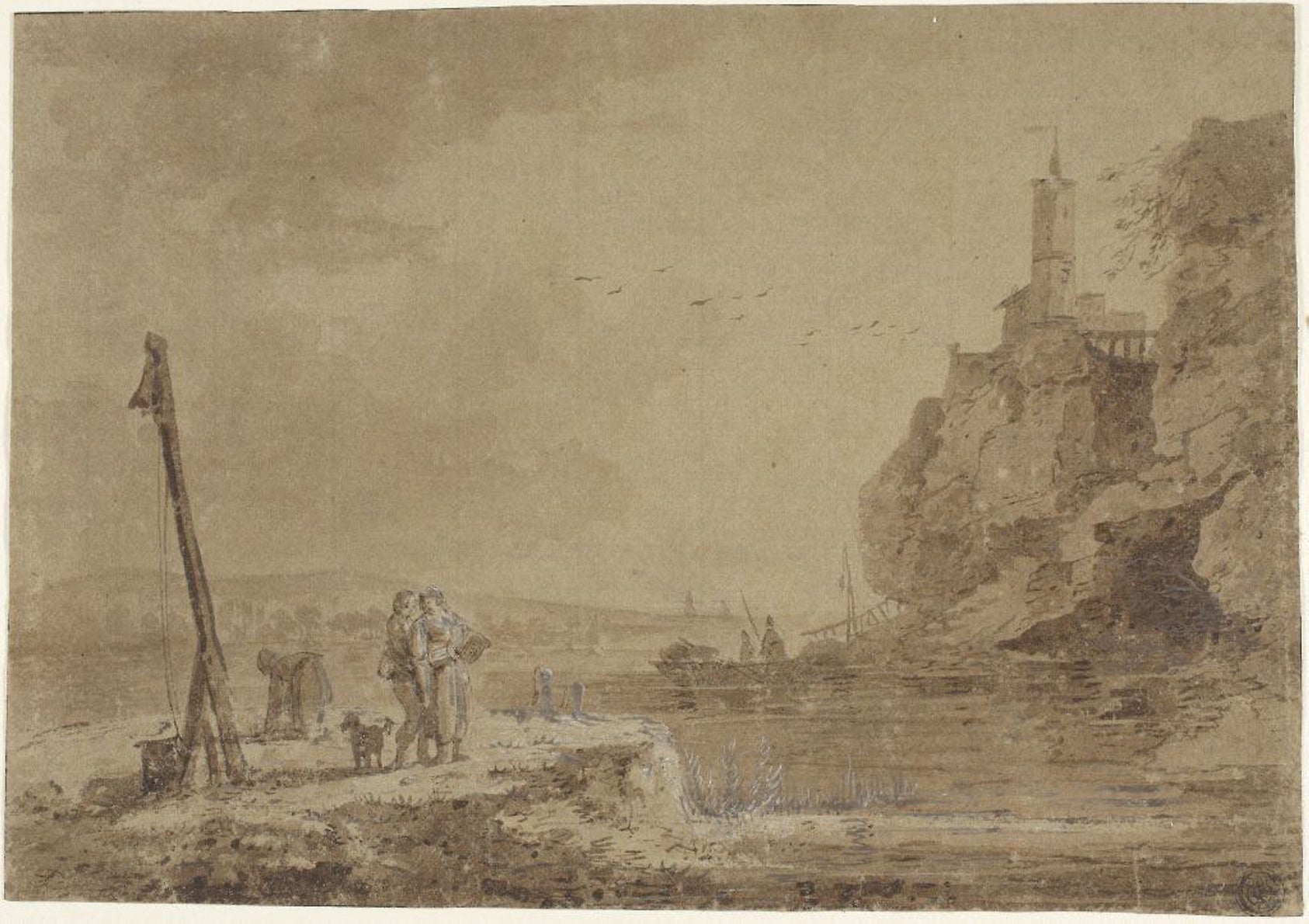 Small Harbor Beneath Cliffs: Attributed to Charles Eschard,16x12"(A3) Poster