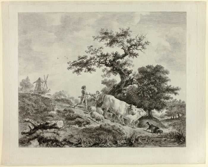Landscape with Windmill, Young Man and Girl, and Two Oxen: Dominique-Vivant Denon (French, 1747-1825),16x12
